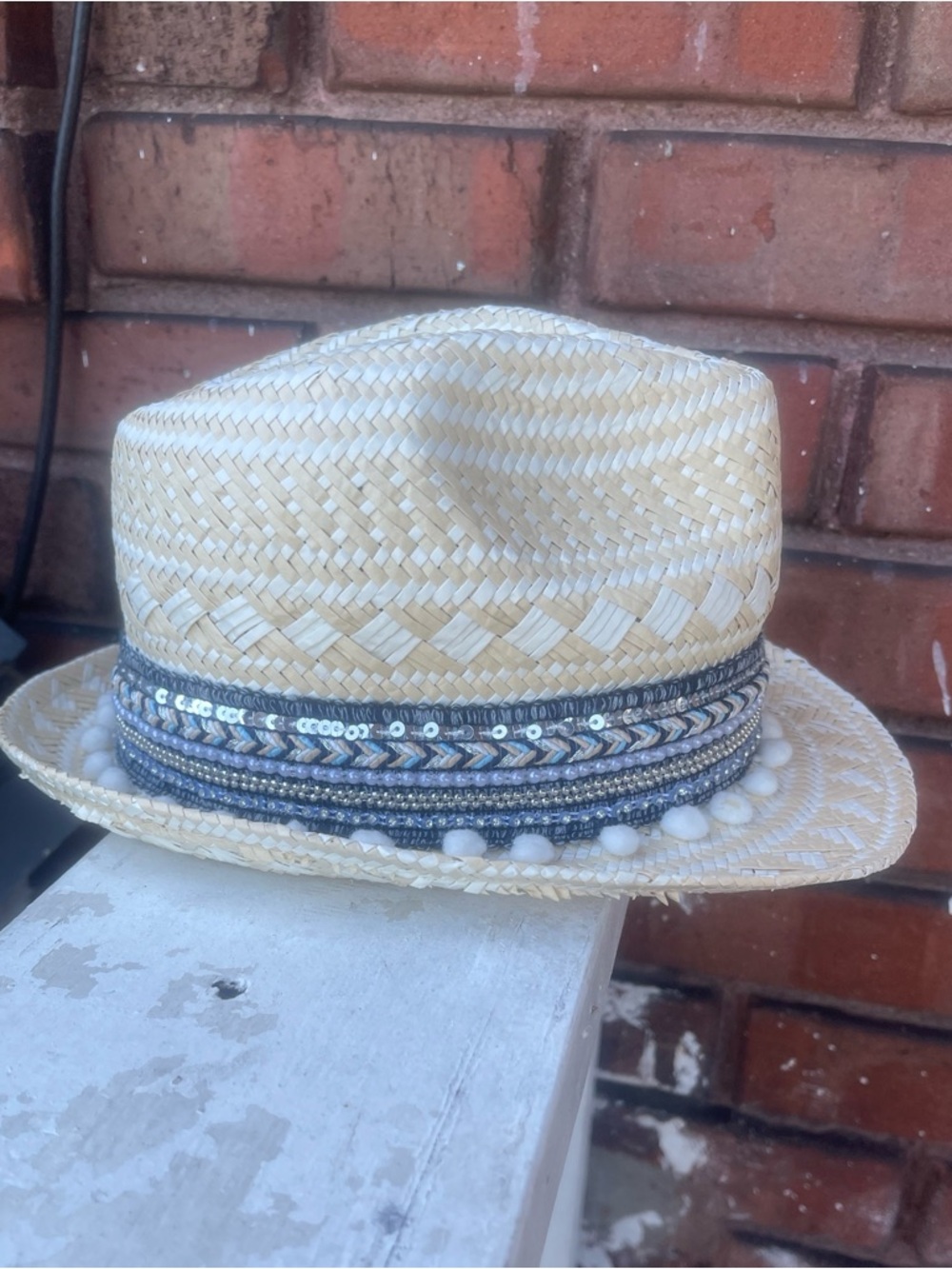 Express Natural Straw Fedora with Blue Trim and White Pom Accents